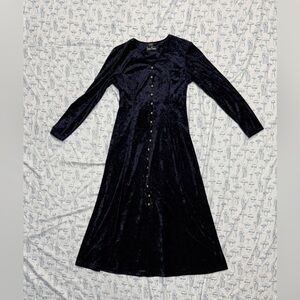 Vintage Navy Velvet Maxi Dress with Gold Buttons